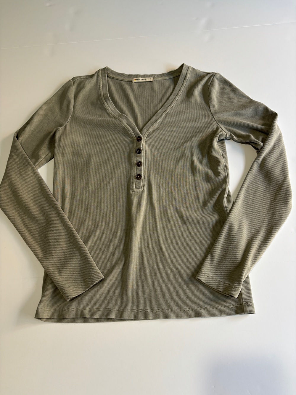 Marine Layer Olive Green Ribbed Long Sleeve Henley Top - Small